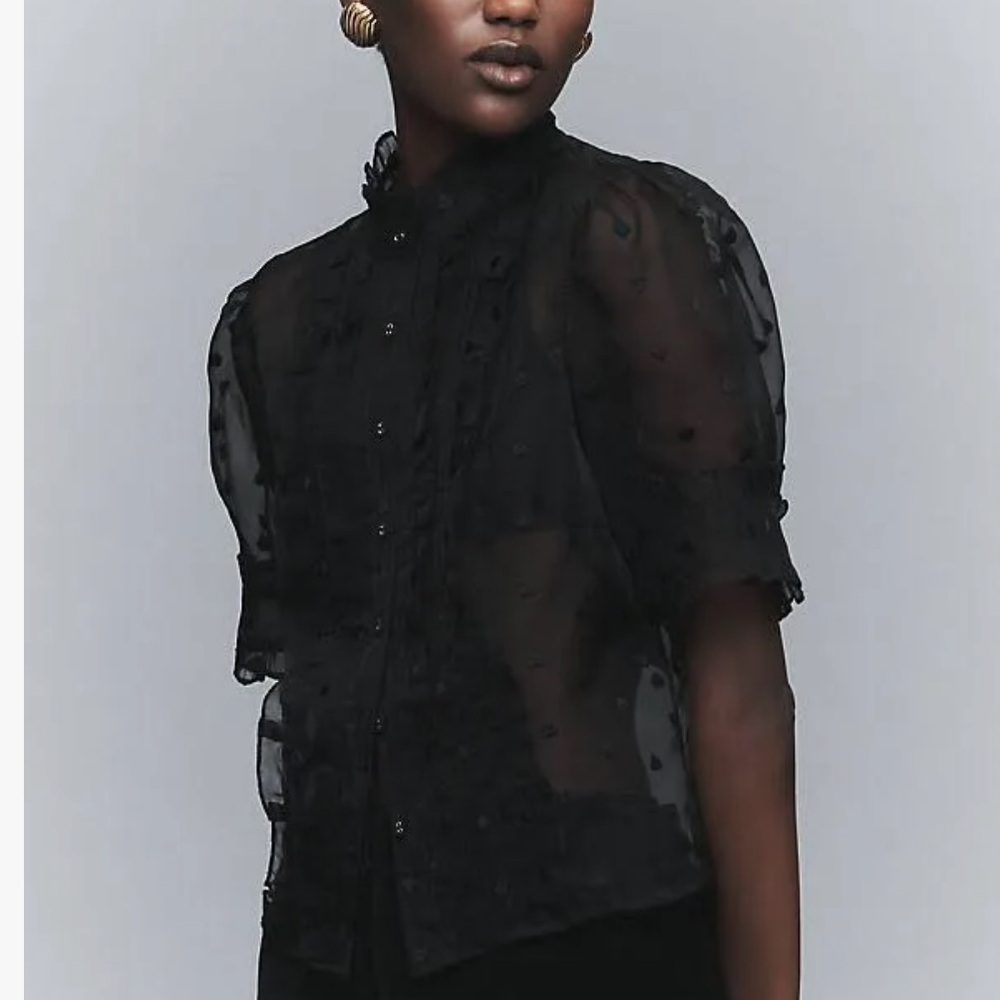 Maeve Puff-Sleeve Sheer Ruffle Blouse NWT